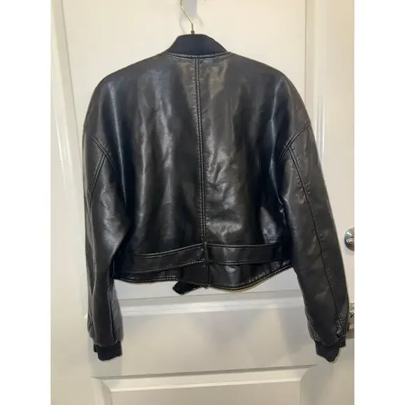 Zara Faux Leather Cropped Bomber Jacket Women Black Belted Moto Style - Picture 3 of 17